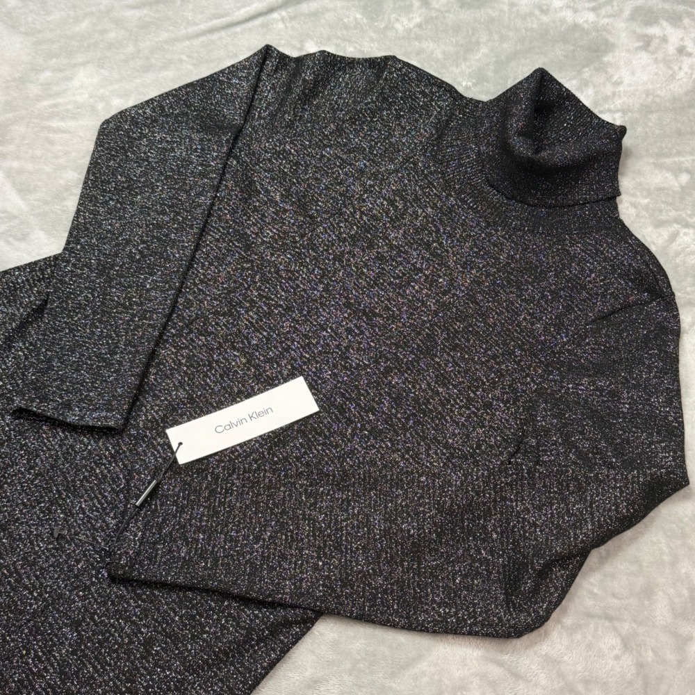 Calvin Klein Dress Womens L Black Metallic Sparkle Long Sleeve Turtleneck‎